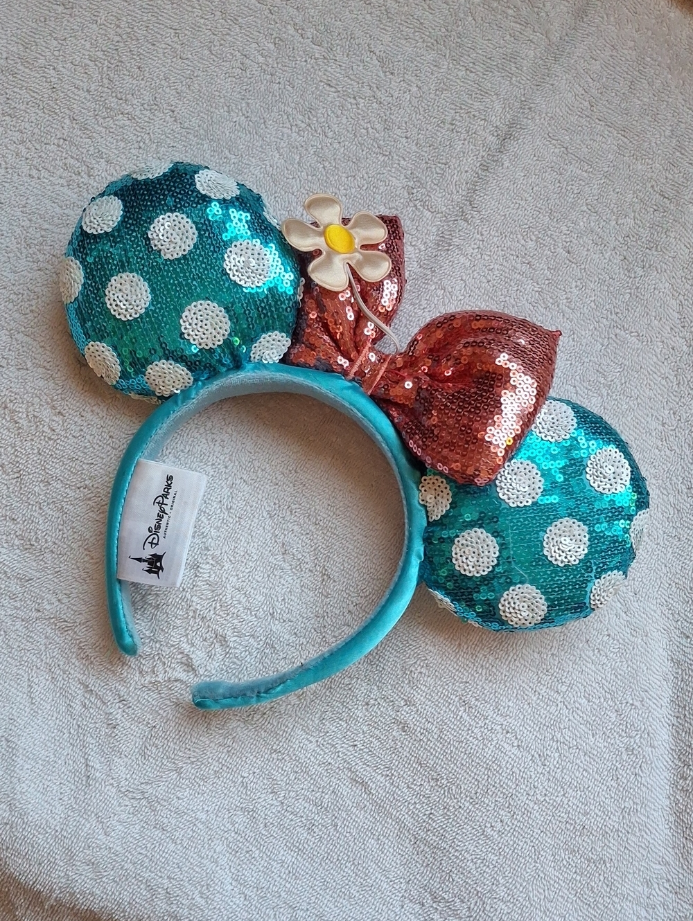 Disneyland Teal & White Polka Dot Minnie Mouse Ears Headband Pink Bow Flower